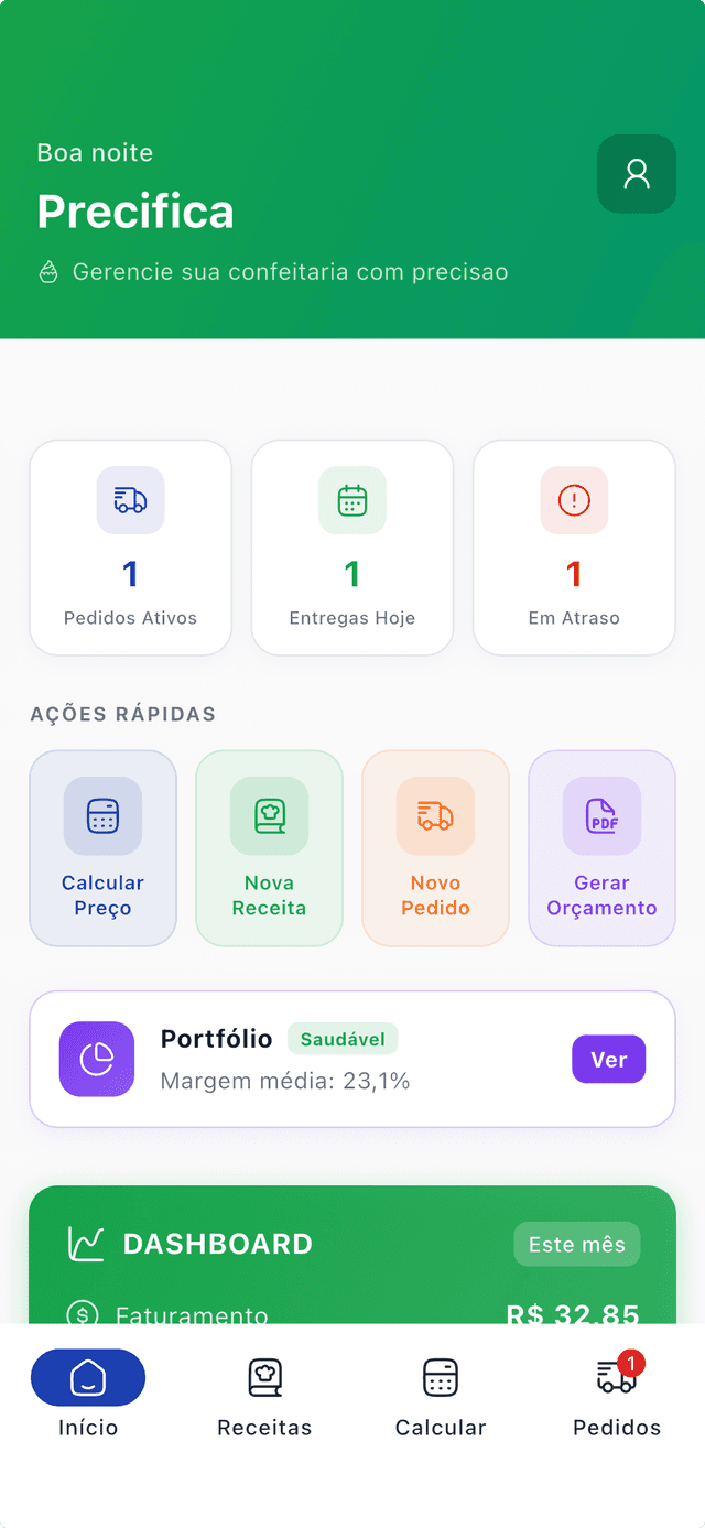 Tela inicial do app Precifica
